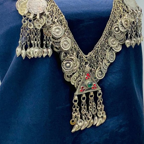 Tribal Kuchi Necklace, Silver Necklace With Dangling Tassels Exotic Collectible - Picture 4 of 9